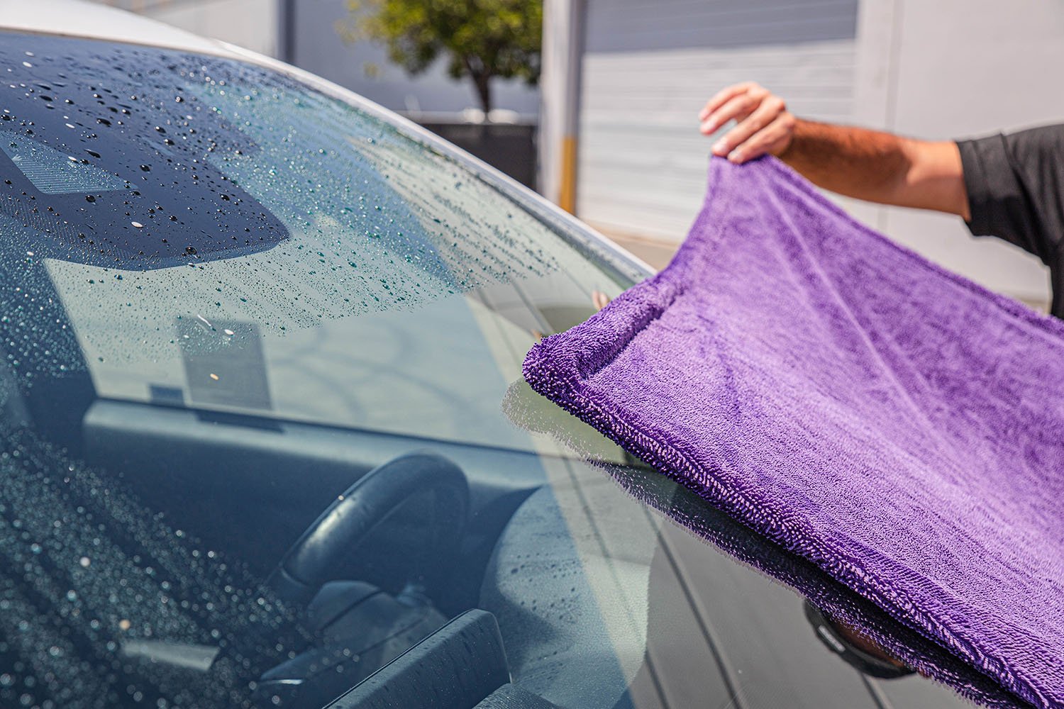 Before and after MaxShine 1200GSM Duo Twisted Loop Microfiber Drying Towels - Purple